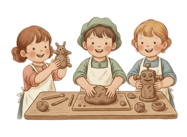 trys vaikučiai lipdo prie stalo iš molio, vykstand molio edukacijai