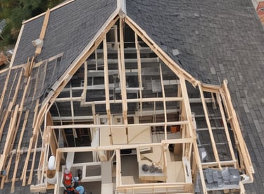A construction worker installing roofing tiles on a residential house under clear sky.