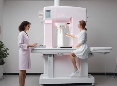 A medical examination room with a computer on a desk, storage shelves filled with medical supplies, and a BMI chart on the wall. The desk contains various bottles, papers, and electronic equipment. The room is equipped with medical gloves and a sharps disposal container mounted on the wall.