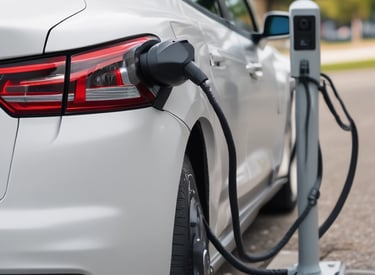 A sleek, modern electric vehicle charging station is mounted on a wall. It features a digital display showing charging status, with buttons below the screen. The charging cable is neatly integrated and hangs downward, ready for use. The station has a glossy black finish, adding a futuristic and elegant look.