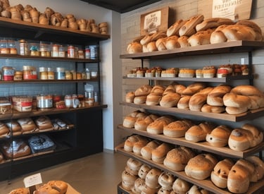 A gray wooden building with a large sign reading 'BAKERY' and established in 1985 is prominently displayed. The front of the building has white-framed windows and a glass door with a person entering. There are palm trees in the background and some greenery near the entrance.