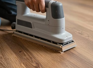 Sanding process in action on a hardwood floor, showing dust and smooth finish.