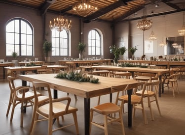 Several colorful tents are set up on a grassy area surrounded by trees. Two people are sitting on camping chairs near the tents, engaged in conversation. The scene is set amidst lush greenery, with tall trees and shrubs providing a natural backdrop.