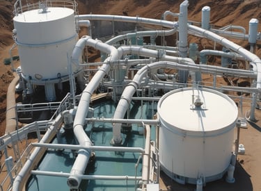 An aerial view of a wastewater treatment facility featuring eight large, rectangular sedimentation tanks arranged in two rows. Each tank contains circulating water, likely part of the treatment process. The tanks are surrounded by green grass, giving a structured and organized appearance.