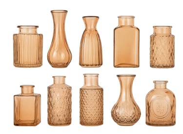 A crisp photograph of ten amber-colored glass bud vases in various shapes and sizes neatly arranged 