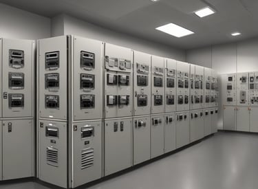 A large, industrial facility with multiple cylindrical metal tanks equipped with various pipes and valves. Control panels with lit indicators are mounted on the walls. A person in a reflective vest walks alongside a row of yellow safety railings.