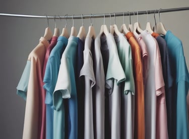 A small clothing shop filled with various garments hanging from racks. The shop includes colorful dresses, shirts, and pants, with neatly stacked clothes on shelves. A person wearing a mask is seated at the back beside these piled clothes, suggesting they are the shopkeeper.