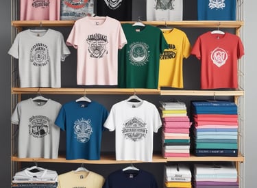 A vibrant market stall displaying a wide variety of colorful merchandise, including t-shirts with diverse prints, patterned fabric, handbags with creative designs, hats of different styles and colors, and an array of small figurines and souvenirs. The brick wall background adds to the rustic charm of the setting, while a bicycle partially visible on the side hints at the bustling activity around.