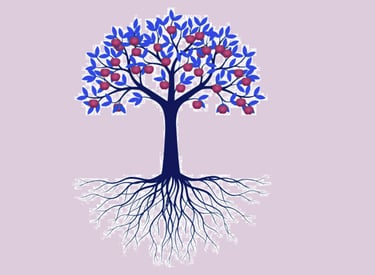 Stylized graphic of an apple tree with blue leaves and red fruit showing a deep root system.