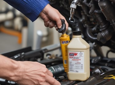 A person wearing a black shirt is actively working on a motorcycle, focusing on a task with determination. The background contains tires stacked in a garage environment.