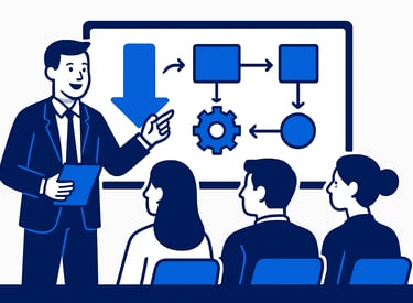 um homem de terno fazendo uma apresentação sobre um processo