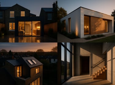a series of photos of a house with a staircase leading up to the roof