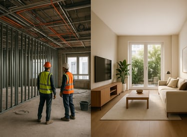two men in safety vests standing in a living room  | Nour Nagy Designs