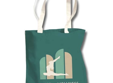a bag of pilateste and a woman in a yoga pose