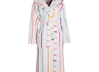 a white rober with a colorful striped coat