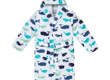 a bathrobe with a white robe and a blue whale