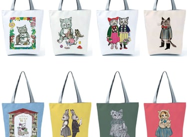a collection of six different colored bags with cats and dogs