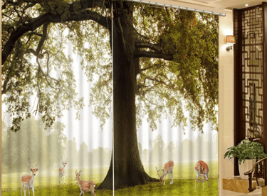 a curtain with a deer and a tree in the background