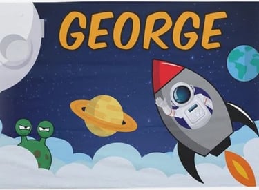 a cartoon character with a space shuttle in the background