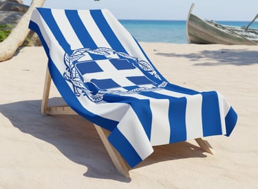 a beach chair with a blue and white striped towel