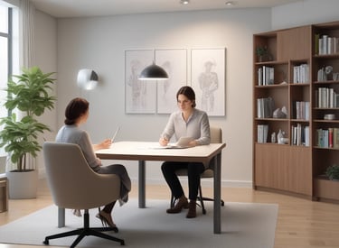 A family scene with three people gathered around a wooden table, two adults and a child. They are engaged with a laptop that features a floral design, and an open notebook is on the table. The atmosphere appears to be positive and collaborative.