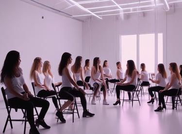 A group of people practicing yoga together in a bright studio.