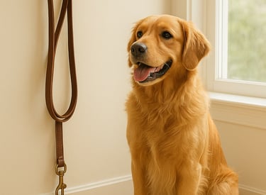 Calm golden retriever sitting by window with leash nearby, representing dependable pet care