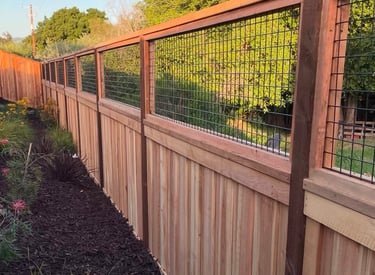 Wood fencing with wire mesh top panel.