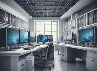 A dimly lit server room with multiple racks of computer servers surrounded by cables and various technical equipment. The space has an industrial feel with visible pipes and ductwork, and a sign on one rack stating 'Do not use'.