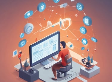 A hand holds a black business card with white text reading 'FORTY TWO Strategy Innovation Design' against a blurred urban skyline backdrop. The sky is clear and blue, suggesting a bright day.