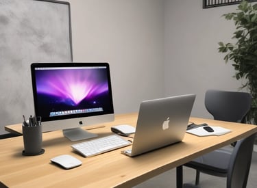 A person holding a smartphone displaying a social media profile, with two computer monitors and a keyboard in the background. The setting appears to be a workspace with a wooden desk.
