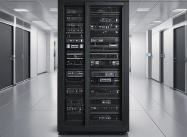 A digital rendering depicting a tall, metallic server rack positioned centrally on a platform. The server appears to have multiple blue-lit slots. Surrounding the rack, there are several stacks of cylindrical objects resembling databases or storage units, all set against a dark background.