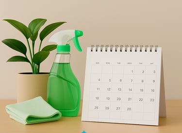 Eco-friendly cleaning products and flexible scheduling concept with a spray bottle, plant, and calen