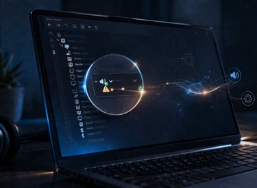  Um laptop exibindo uma interface de software com um ícone de alerta destacado e gráficos
