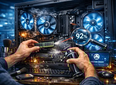 Técnico reparando um PC gamer personalizado com upgrade de RAM