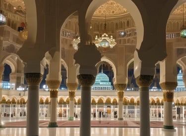 A large group of people, many dressed in traditional Islamic attire, are walking and gathering near a significant religious structure surrounded by elaborate architecture and lighting. The environment appears to be a holy site with a mix of modern and traditional elements.