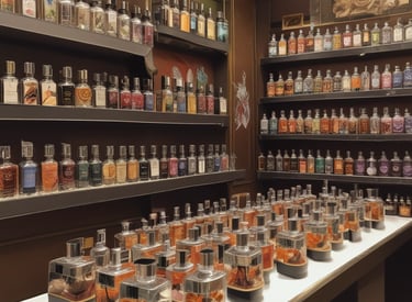 An elegant display in a store features an array of beauty products, including body creams and lotions, set on a wooden table. The product packaging is in shades of pink and peach. A decorative vase with bamboo sticks and rose petals is placed among the products. Advertisements for a new limited edition line are visible, with a poster featuring a woman in a flowing dress. Shelves filled with various skincare products line the walls in the background.