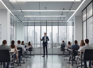 Hanging signage with bold, stylized lettering is displayed in a large indoor venue. Below, a digital display showcases a logo featuring a lion's head and text with vibrant blue and red lighting effects. The ceiling is lined with intricate lighting fixtures and metal trusses.