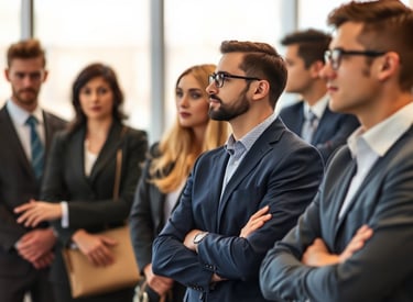 a group of business people standing in a row of suits