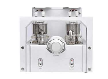 a silver - plated amplifier with two silver - plated tubes