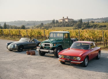 Side-by-side view of three vintage vehicles in an vineyard setting