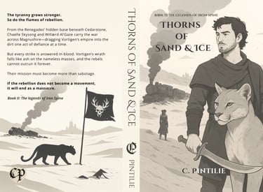 Book cover for Thorns of Sand & Ice by C. Pintilie, a man with scimitar and a desert cat