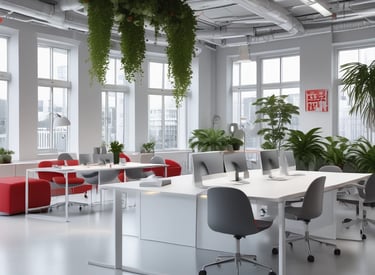 A modern office space with a collaborative team brainstorming marketing strategies.