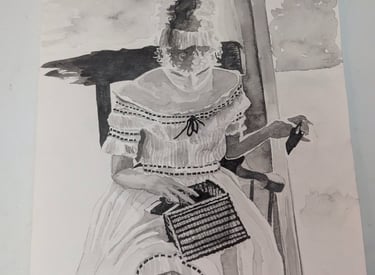 Sketch of a content woman happily sewing near a door rendered in water graphites and micron ink pen paper by Kathy LaFollett.