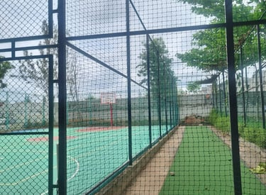 A vibrant cricket net setup on a sunny Bangalore ground with players practicing.