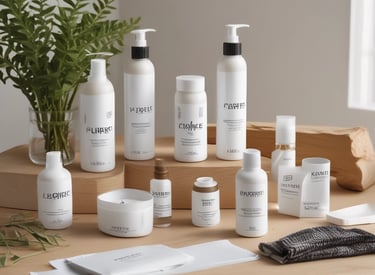 A serene arrangement of self-care candles and bath salts in soft nude tones with gentle lighting.