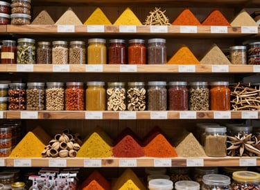 Stacks of packaged spices ready to be shipped overseas.