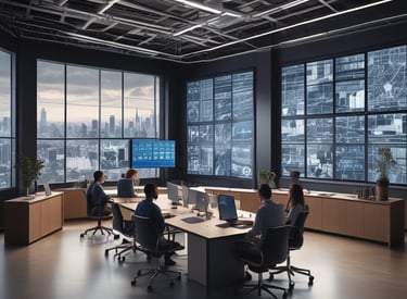 A diverse team collaborating around a high-tech workspace with digital screens displaying network and cloud data.