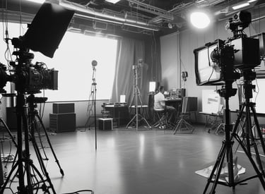 A group of people are involved in a filmmaking or video production setting. One person is holding a professional camera setup, complete with a monitor and various accessories. They appear focused on the camera's screen. In the background, there is a black backdrop, a bookshelf, and some lighting equipment.