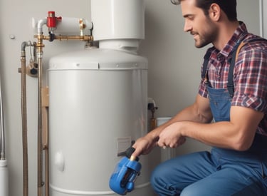 a plumber in overalls and overalls is using a handheld vacuum cleaner